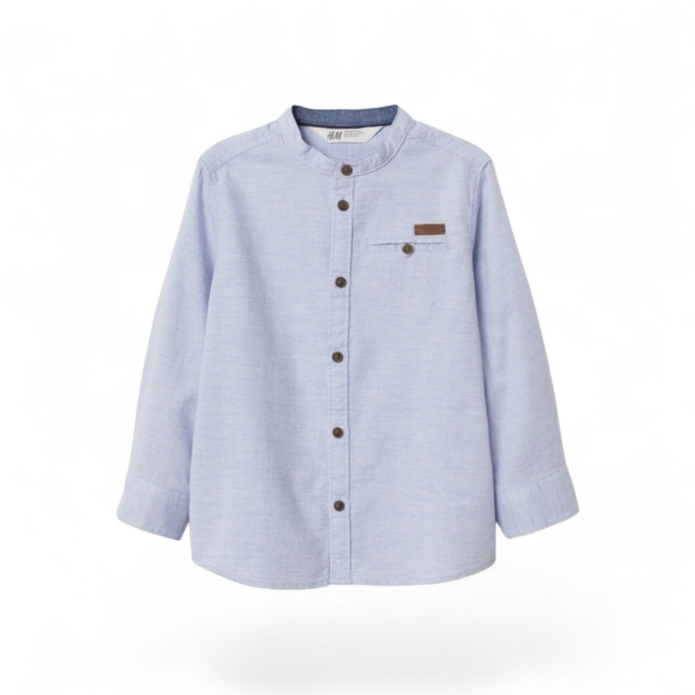 H&M L.O.G.G. Grandad Light Blue Marl Kids Cotton Weave Shirt In Size 9-10Y